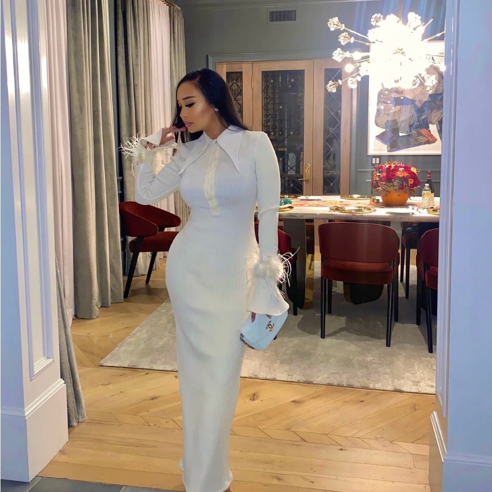 COPY - NWT WHATJORDYWORE out for dinner dress WHITE RIBBED FEATHERS